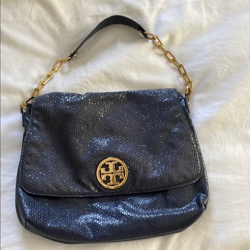 Tory Burch Navy Embossed Shoulder Bag with gold details